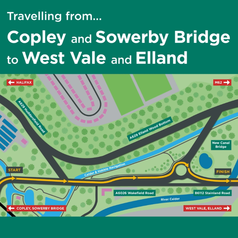 View of the area with arrow linking Copley to West Vale via A6026 Wakefield Road.